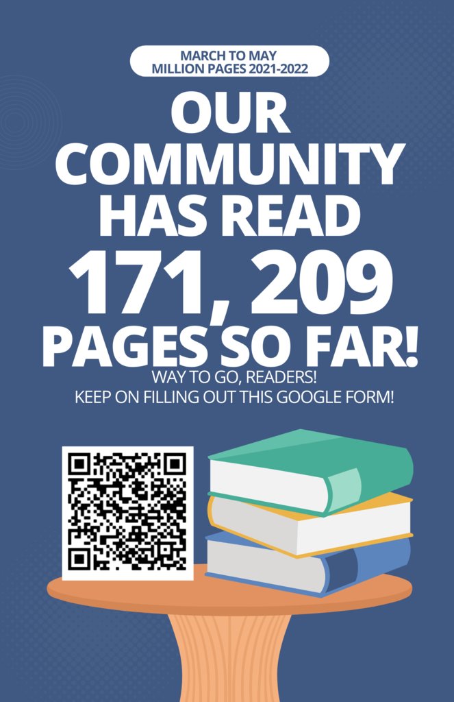 Our community has read a total of 171, 209 pages!  Let’s keep adding to our March to May Million Google form (see QR code) and try and reach our goal of a million pages read soon! Way to go, Western Avenue! #marchtomaymillionpageschallenge #d161learns