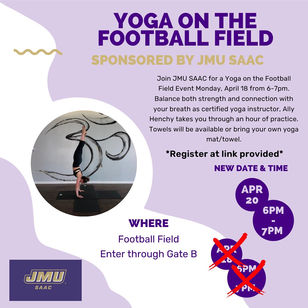 Due to inclement weather❄️

Yoga on the football field will now be on April 20th from 6:00pm-7:00pm

Link to register: docs.google.com/forms/d/e/1FAI…

#godukes
