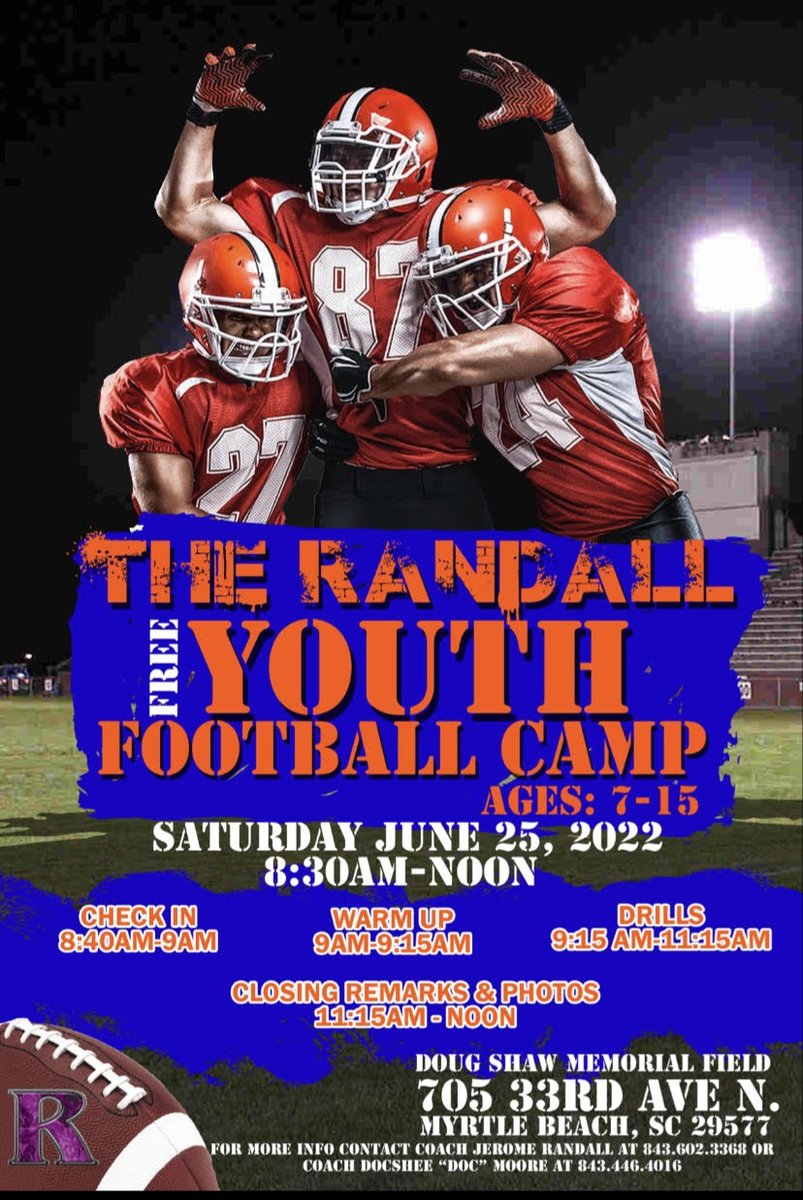 eventbrite.com/e/randall-yout… Are you ready for some football? The FREE Randall Annual Youth Football Camp is on June 25, 2022 Ages 7-15 therandallfoundation.org Ashley Booth Youth Football Field Beside Doug Shaw