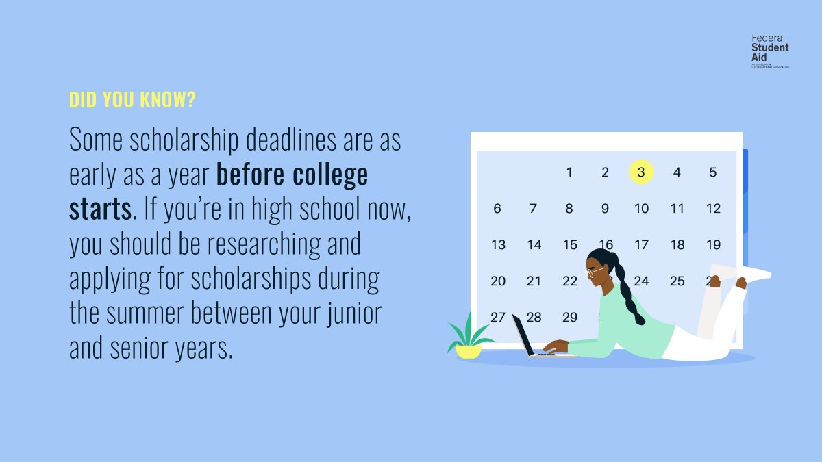 FAFSA's tweet image. It’s never too early to start looking for scholarships! 👀​

Don’t miss out on free money for school. Make sure you’re researching early to make deadlines.