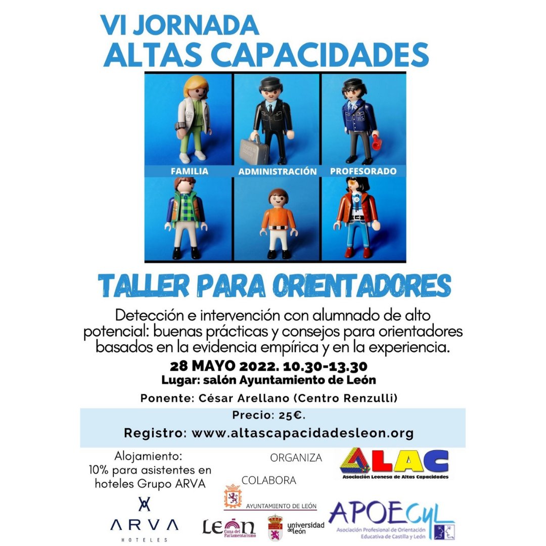 El 28 de mayo 📅 se celebrará la VI Jornada de Altas Capacidades

📌Por la mañana tendremos un taller para orientadores, contaremos con César Arellano (Centro Renzulli) de 10:30 a 13:30 en el Ayto de León. 

📌Entradas disponibles en altascapacidadesleon.org