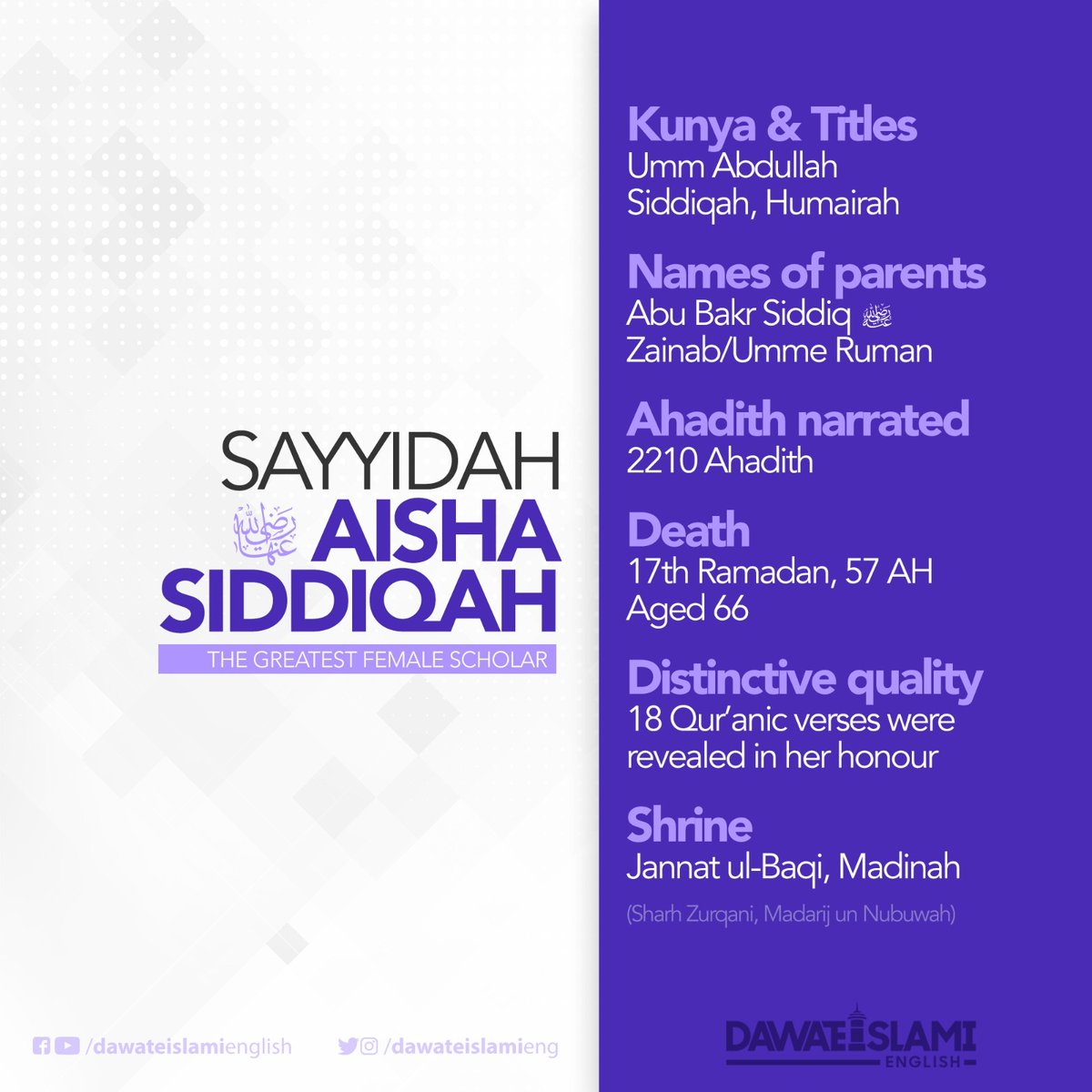 dawateislamieng's tweet photo. Sayyidah Aisha Siddiqah رضي الله عنها | Fact File https://t.co/YxeOoeLGBR