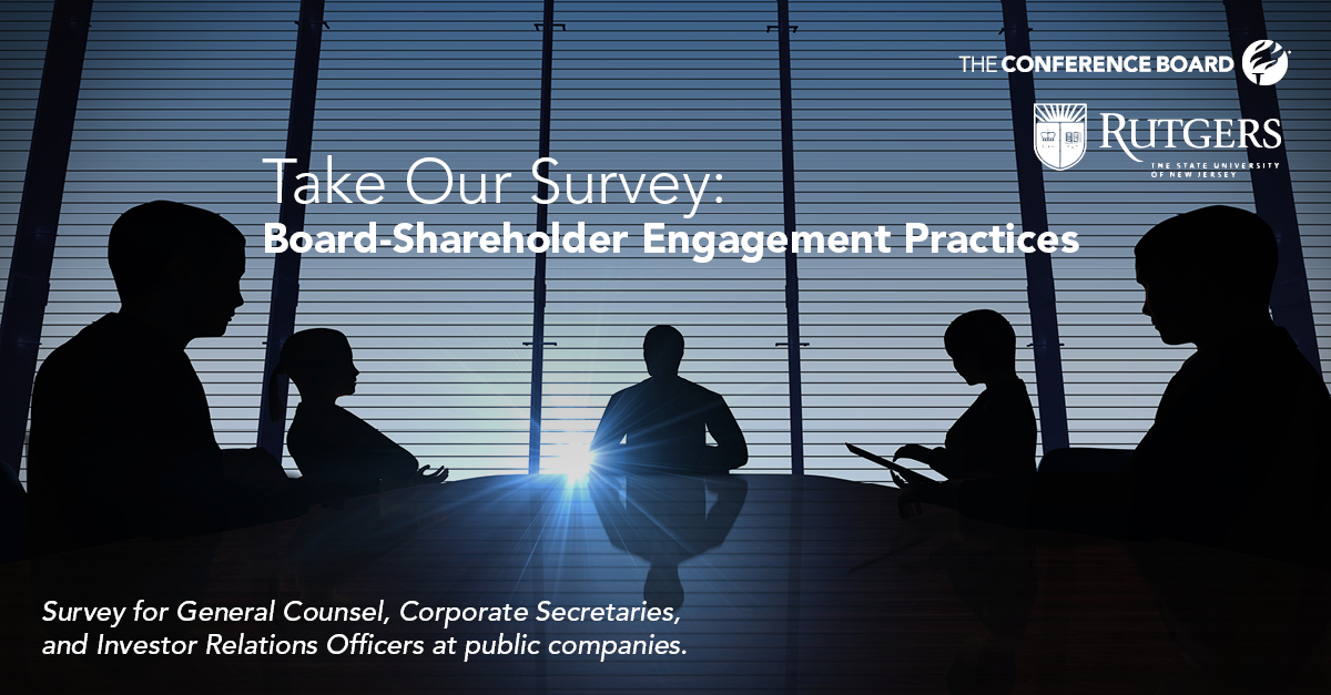 Calling all #GeneralCounsel, #CorporateSecretaries, &amp; #InvestorRelationsOfficers at public companies: Participate in a survey to provide insight on board-shareholder engagement practices. Input will inform report by The Conference Board &amp; <a href="/RutgersCCLG/">The Rutgers Center for Corporate Law & Governance</a>: bit.ly/3JWZOeO