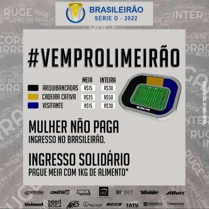 interdelimeira's tweet photo. A Inter definiu o valor dos ingressos das partidas quando mandar jogos no Limeirão nessa primeira fase da Série D do Brasileiro.

Arquibancadas, o torcedor pagará R$ 30 (inteira) e R$ 15 (meia). 

Cadeiras cativas custarão R$ 50 (inteira) e R$ 25 (meia). 

ATENÇÃO nas promoções! https://t.co/nePlFrIoXN