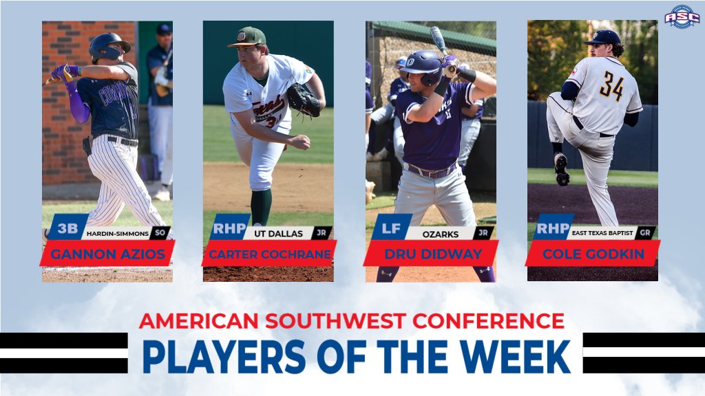 ASC_sports's tweet photo. BSB | @HSUAthletics Gannon Azios, @UofOAthletics Dru Didway, @UTDCOMETSPORTS Carter Cochrane and @GoETBUTigers Cole Godkin named ASC Baseball Players of the Week https://t.co/lkJcY0yy8W #ASCbsb #d3b https://t.co/mrEVqKtWwF
