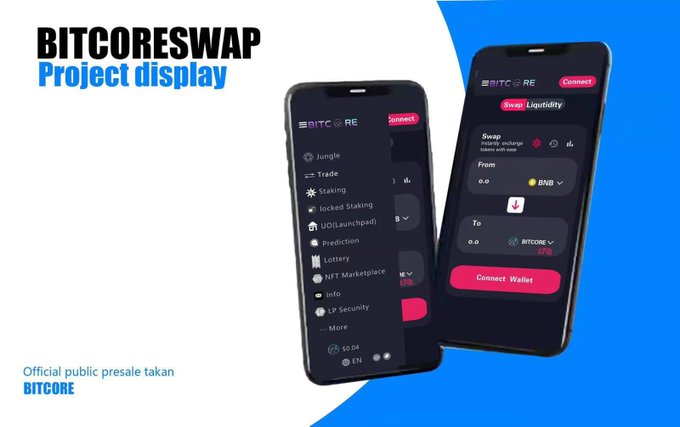 ?BitcoreSwap testing is over and will soon be online. Stay tuned!
?contract?0xcde1aa438136dbef0617c83cb12d1cde2fe29506
?Telegram: