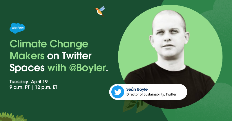 salesforce's tweet photo. Tune in tomorrow for a special #EarthDay @TwitterSpaces conversation.

Hear from climate change makers @MarkHawkins, @Flynnovate, @Avery_S, @Boyler, and @JenIsMobile as they talk about climate action, future net zero goals, and more: https://t.co/Tn8jnAxUeo