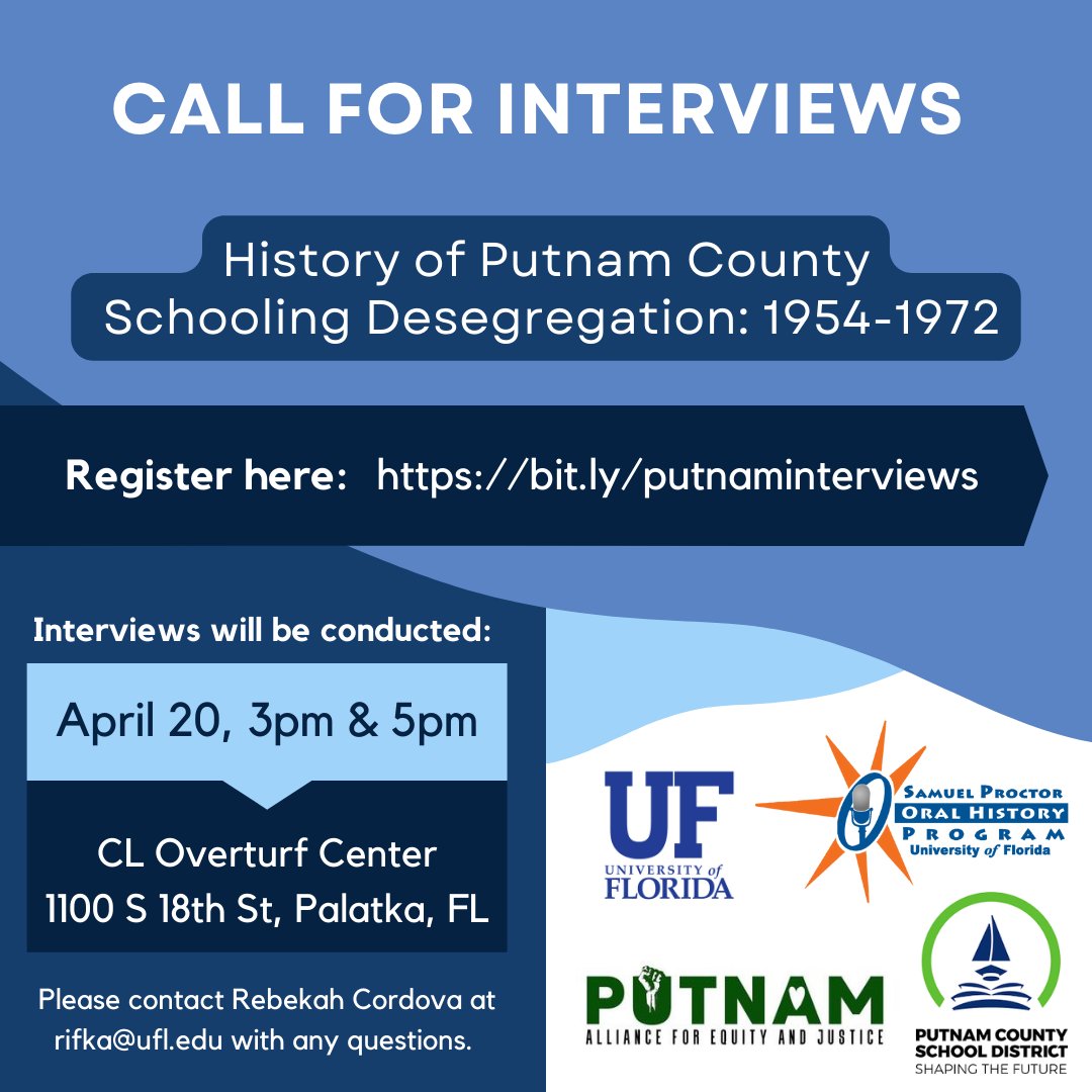 Were you involved in Putnam County's education system from 1954-1972? We want to hear your story! 

To schedule an interview, please click here: bit.ly/putnamintervie…

Please contact Rebekah Cordova at rifka@ufl.edu with any questions.