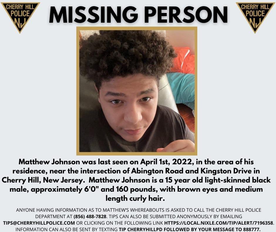 CherryHillPD's tweet image. (1/4)

The Cherry Hill Police Department is requesting the public’s assistance in locating missing juvenile male: Matthew Johnson.