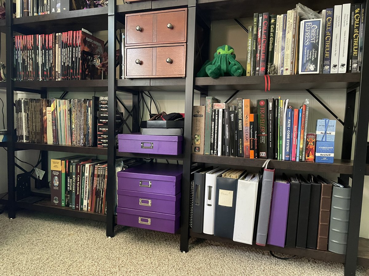 Achievement Unlocked! I got the new bookshelves assembled and all my ttrpg materials in one place this weekend. It turns out I have over 11 linear feet of printed and homebrew gaming material!