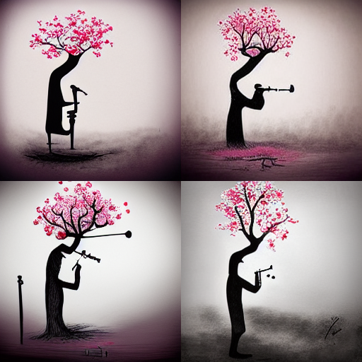 midjourney's tweet photo. @codazzo Here you go "a cherry tree playing the flute. the start of the most bizarre adventure" https://t.co/rE4l2yREPq