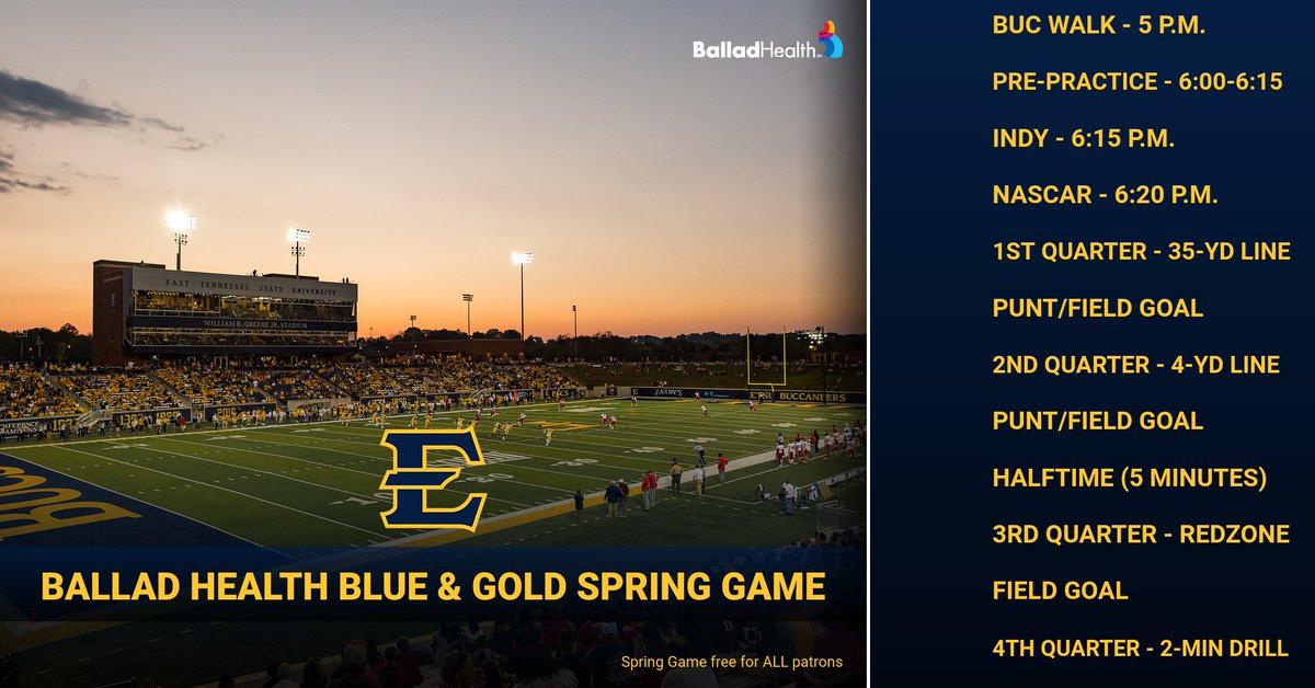 This Thursday is the Ballad Health Blue &amp; Gold Spring Game! 

You can follow along with what the Bucs are doing throughout the night with this schedule! Cannot wait to see you at Greene Stadium at 6 p.m. and remember, THE EVENT IS FREE!

#ETSUTough