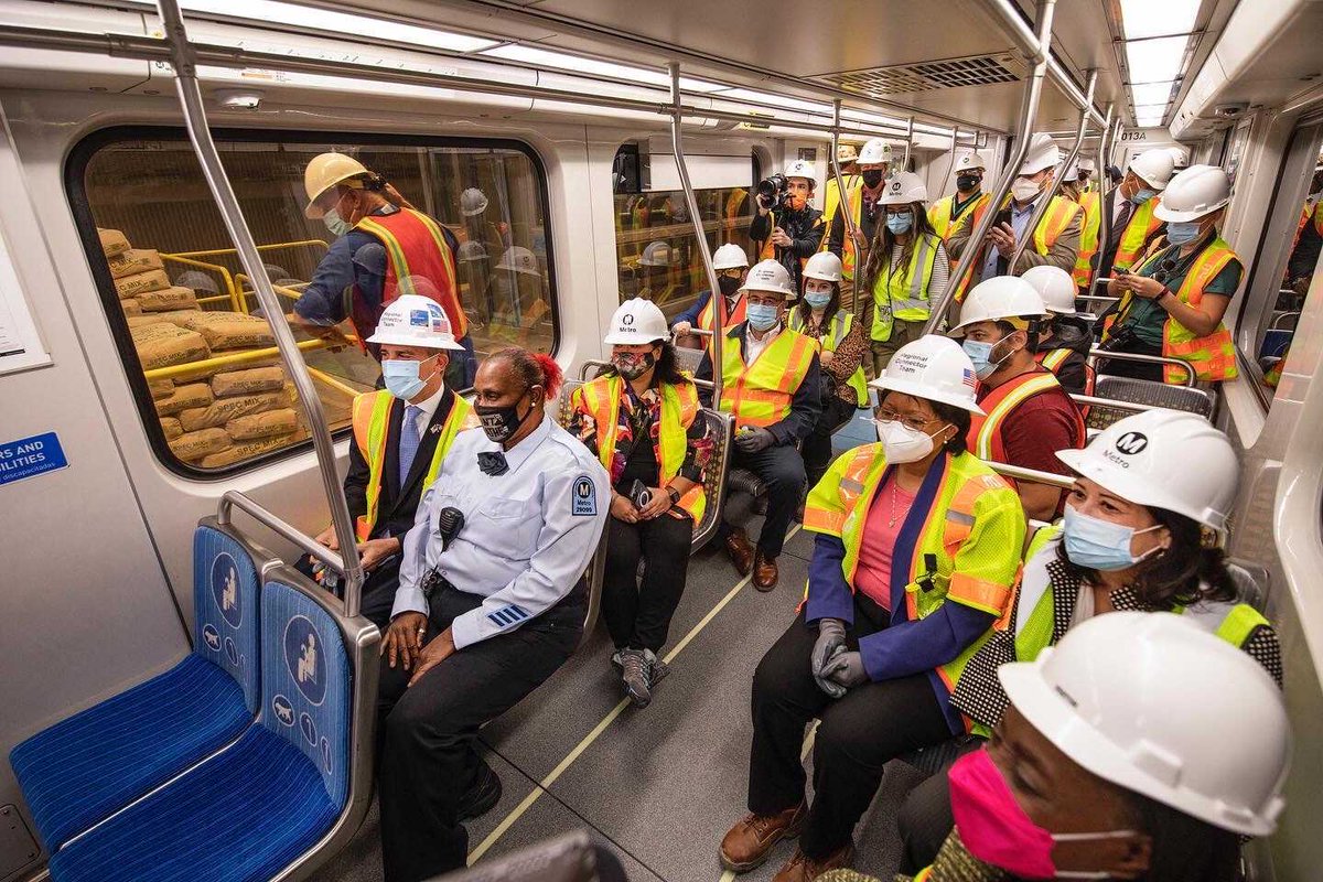 MayorOfLA's tweet photo. Today I took a test ride on the Regional Connector train — the missing link that will weave our Metro light rail lines together.

By the end of the year, riders will be able to travel across L.A. with ease — cutting two transfers and at least 10 minutes off transit trips. https://t.co/lRKHeSJVSP
