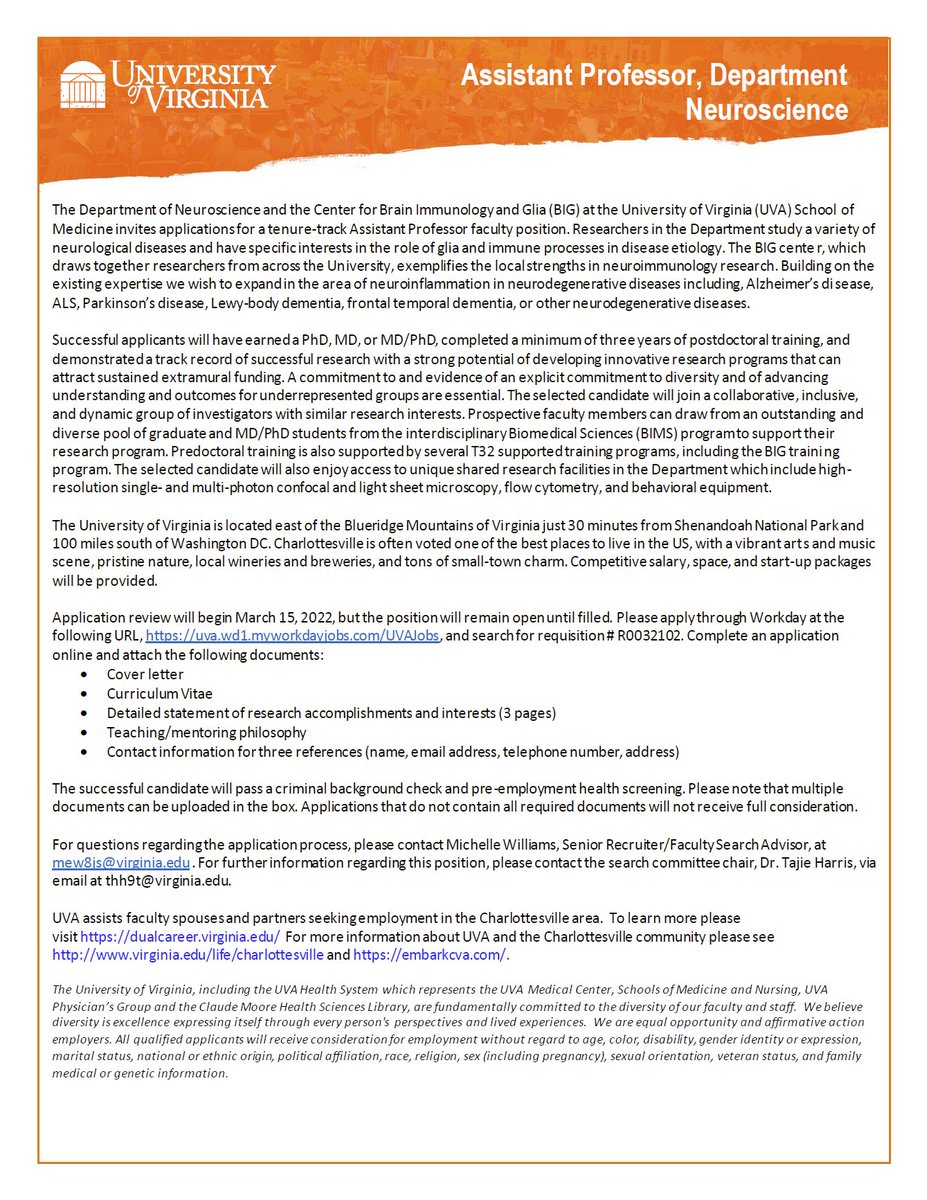 LiddelowSA's tweet photo. ATTENTION GLIAL BIOLOGISTS AND NEUROIMMUNOLOGISTS
!!OPEN FACULTY POSITION!!
@BIG_Center_UVA https://t.co/GOYs5hscgk