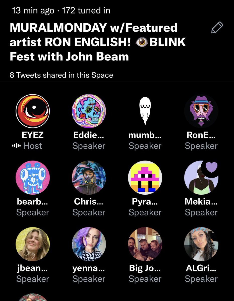 PeatEyez's tweet photo. So grateful to  @RonaEnglishart for joining us today on #MuralMonday on @TwitterSpaces s👀 many dope artists on Stage! @mumbot @eddiegangland @natebear @ALGrimeArt @yennakills @KrisKanaly @jbeanart @Bigjohnbeam @chrispy_perez @MekiaMachine ✌️👁❤️ https://t.co/JmygpvJUS0 https://t.co/0AtEdVoIqW