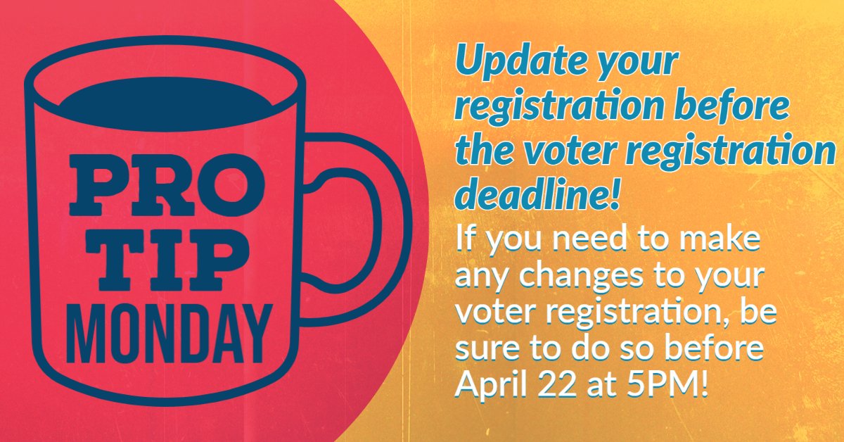 WakeElections's tweet photo. The voter registration deadline is Friday, April 22 at 5PM! Be sure to make any needed changes to your registration before then! If mailed, the registration must be postmarked on or before April 22. #ProTipMonday #ReadyToVote https://t.co/pzTSET3PQa https://t.co/TsdRkG5UHY