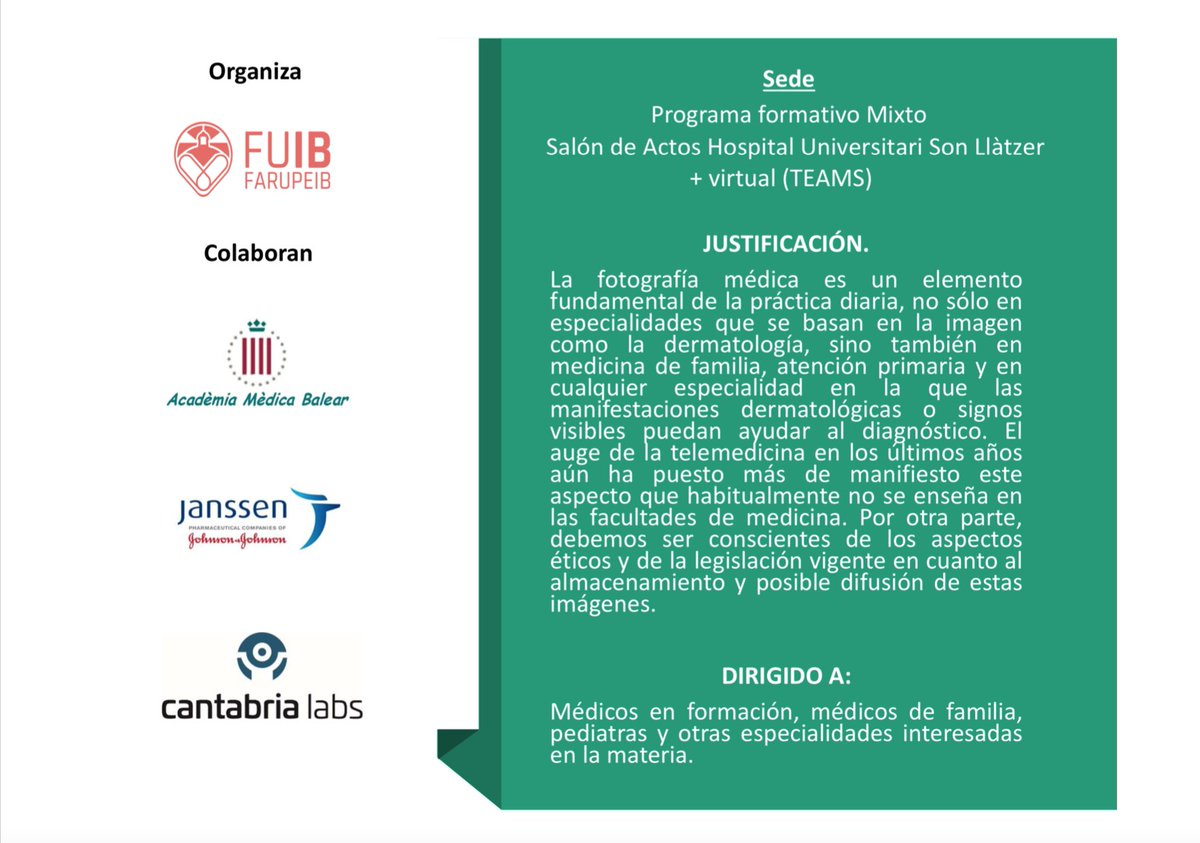 Por si es de interés, el próximo 4 mayo 📆(17-19h) voy a dar un taller de #fotografía médica 📸en <a href="/SonLlatzer/">Hospital Universitari Son Llàtzer</a>. Pueden apuntarse médicos de atención primaria y/o del propio hospital. Gratis, ¿eh?
Organiza: <a href="/farupeib/">FARUPEIB</a> (que son muy majetes).
Se agradece RT