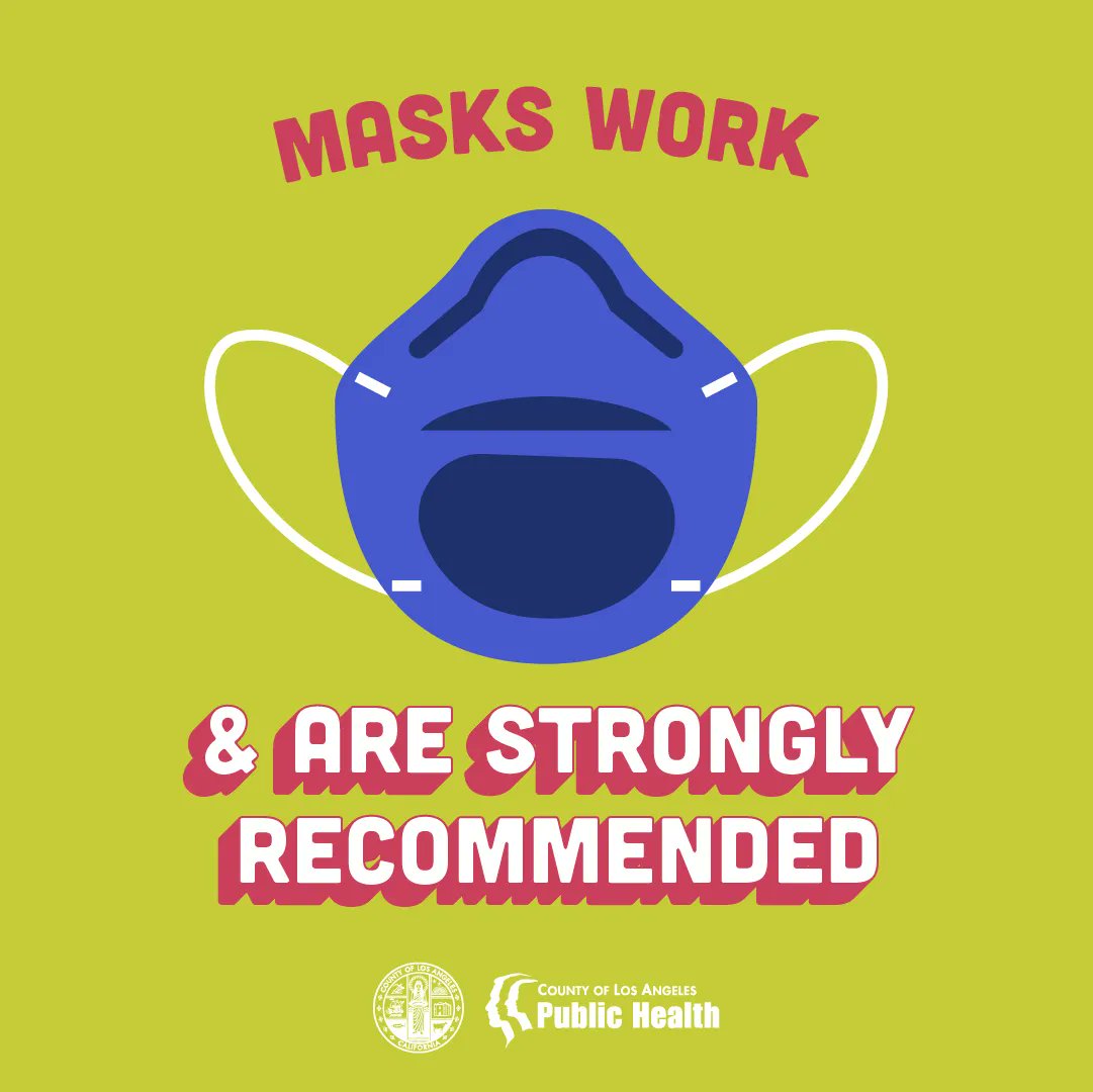 Masks work &amp; we strongly recommend wearing them in indoor places, crowded spaces, &amp; around people with weakened immune systems, immunocompromised, or unvaccinated. For more information about COVID-19, visit ph.lacounty.gov/coronavirus.