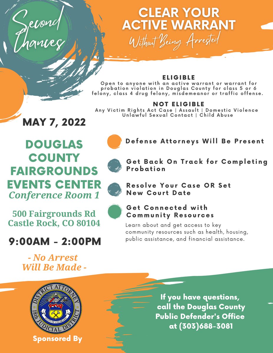 Mark your calendars for our Second Chances Warrant Clearance event on May 7th at the Douglas County Fairgrounds Event Center in Conference Room 1.