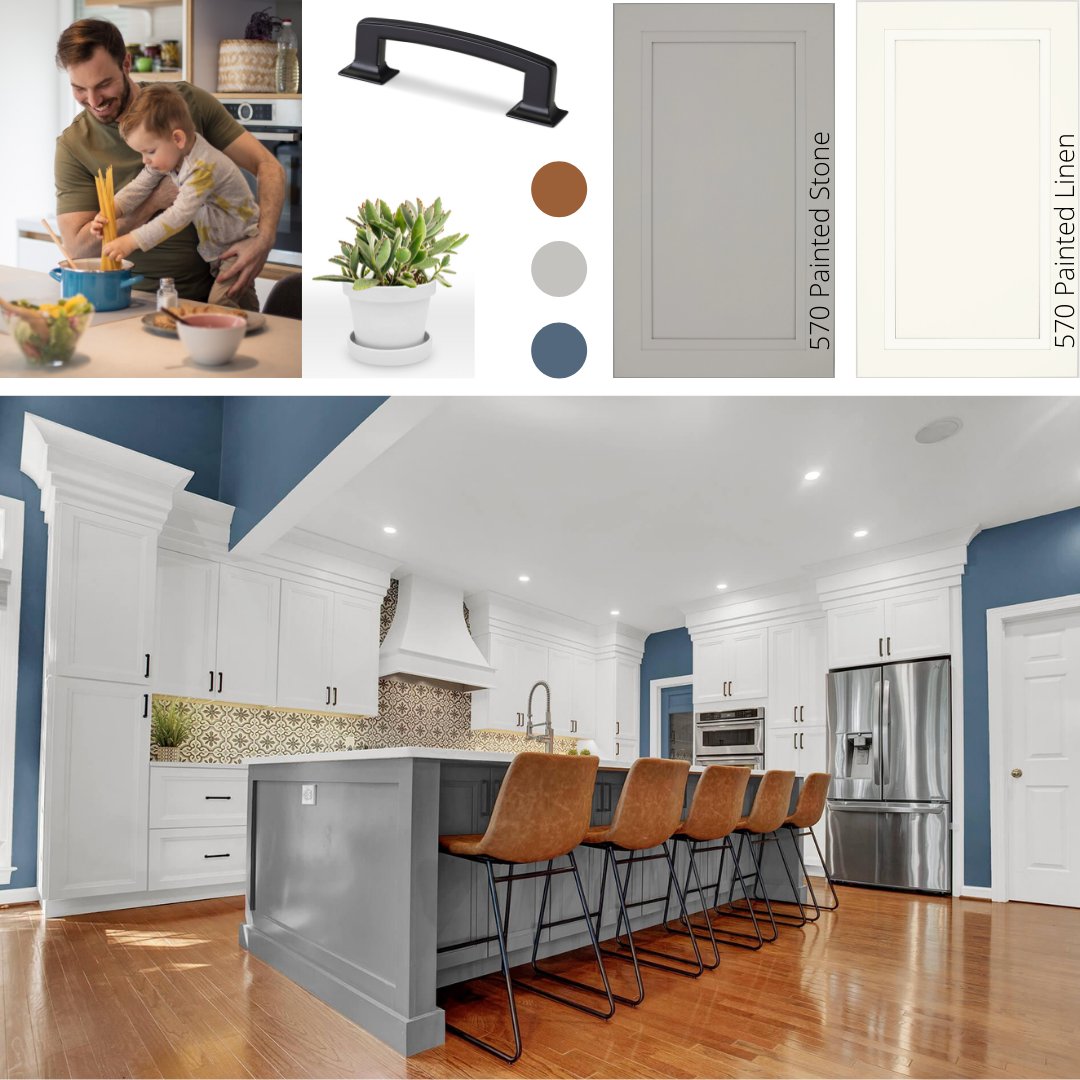 Happy #moodboardmonday! There is nothing like a 2 tone kitchen featuring 570 Painted Stone and Painted Linen. What a pair! 😉 Check out more 2 tone kitchens: spr.ly/6015KfHzd #waypointlivingspaces #kitchen #homedecor #home #renovation #interirodesign #kitchenideas