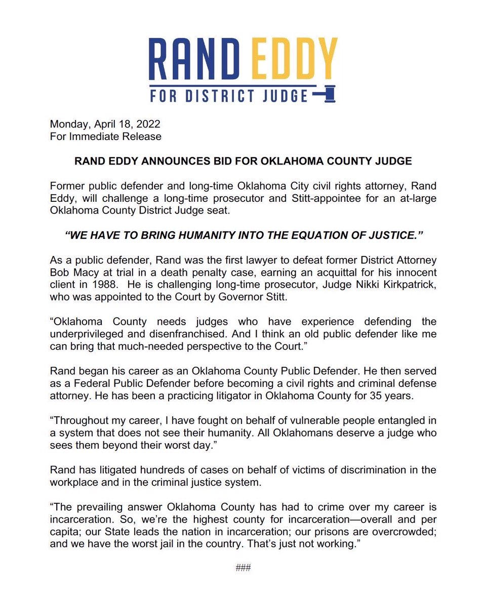 Eddyforjudge's tweet photo. A Thread 🧵: 

I am a former public defender, and I am not okay with how justice is done in Oklahoma County. Our community deserves a judge who isn’t cruel or corrupt. 

1/4 https://t.co/MFRT6Scybc
