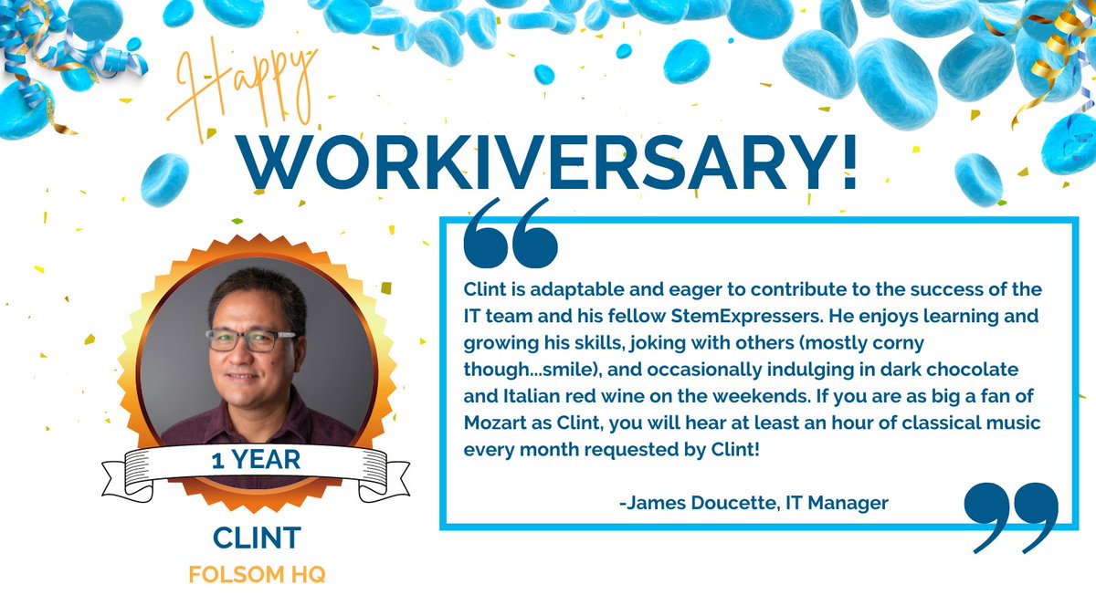 CGT_Global's tweet image. Please join us in celebrating Clint Castillo's one-year workiversary as a StemExpresser!

#StemExpress #workiversary #success #teamculture #togetherforscience #cellandgene #cellandgenetherapy