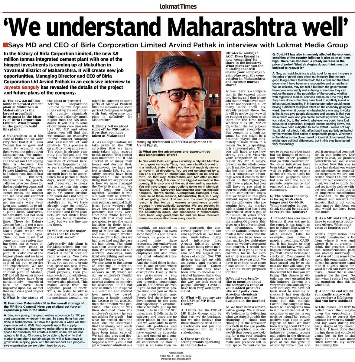 jayeetag's tweet photo. It was an enriching experience to conduct and pen the interview of Mr. Arvind Pathak, MD &amp; CEO of Birla Cooperation Ltd for Lokmat Media Pvt. Ltd. The half-page interview was carried on April 16, 2022 in all the editions of the newspaper. The link: https://t.co/yMUo7oP222 https://t.co/ilZJYbf8RZ