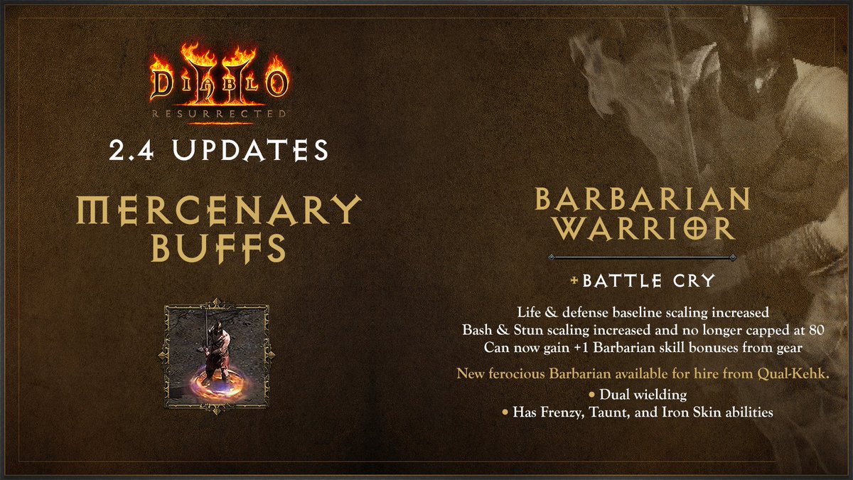 Image shows a photo of the Barbarian Warrior. Below it are the words "Barbarian Warrior" with the following bullets: Battle Cry. Life & defense baseline scaling increased. Bash & Stun scaling increased and no longer capped at 80. Can now gain +1 Barbarian skill bonuses from gear. New ferocious Barbarian available for hire from Qual-Kehk: Dual wielding. Has Frenzy, Taunt, and Iron Skin Abilities.

