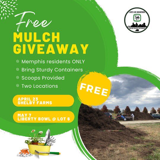 The first of two mulch giveaways is this Saturday, April 23, at Shelby Farms Park off Farm Rd. from 8 a.m. - 1 p.m. Available to any Memphis resident!