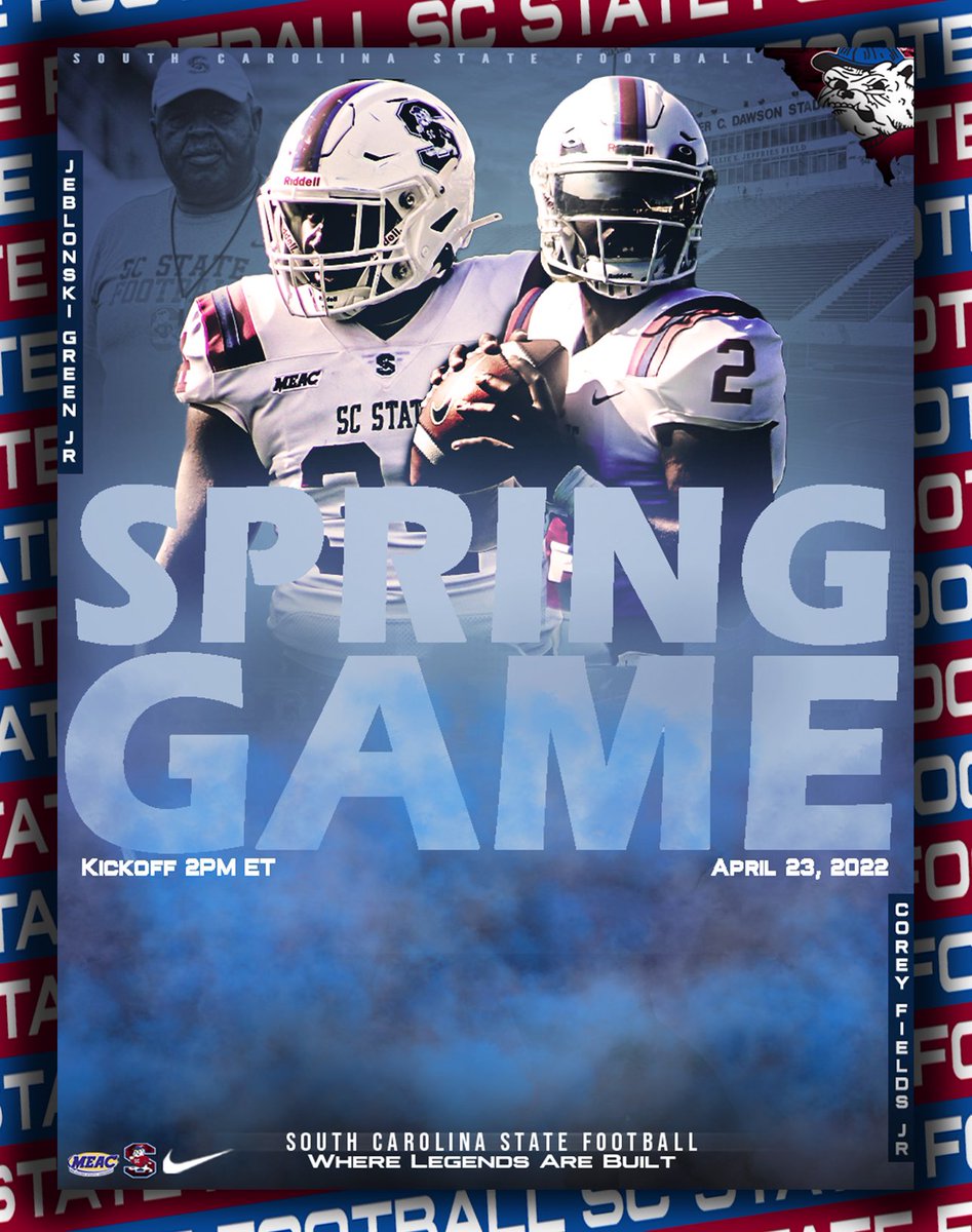 SCState_Fb's tweet photo. Spring Game‼️
April 23
2PM
Be There!!!!
@MEACSports @SCStateAthletic 
#SoHard
#BiteDown
#FearTheBite
#Welcome2TheBurg
🔴🔵🐶🏈 https://t.co/zVhMJoDLfA