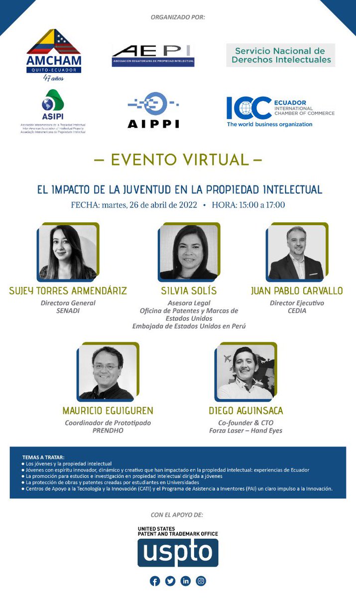 Cordialmente invitados al evento “Impacto de la juventud en la propiedad intelectual” <a href="/amchamec/">AMCHAM Quito Ecuador</a> <a href="/AIPPI_ORG/">AIPPI</a> <a href="/SENADI_Ecuador/">Servicio Nacional de Derechos Intelectuales 🇪🇨</a> <a href="/ASIPI_/">ASIPI</a> <a href="/ICC_Ec/">ICC Ecuador</a> <a href="/uspto/">USPTO</a>                           
Registro: bit.ly/3Ea4eh6