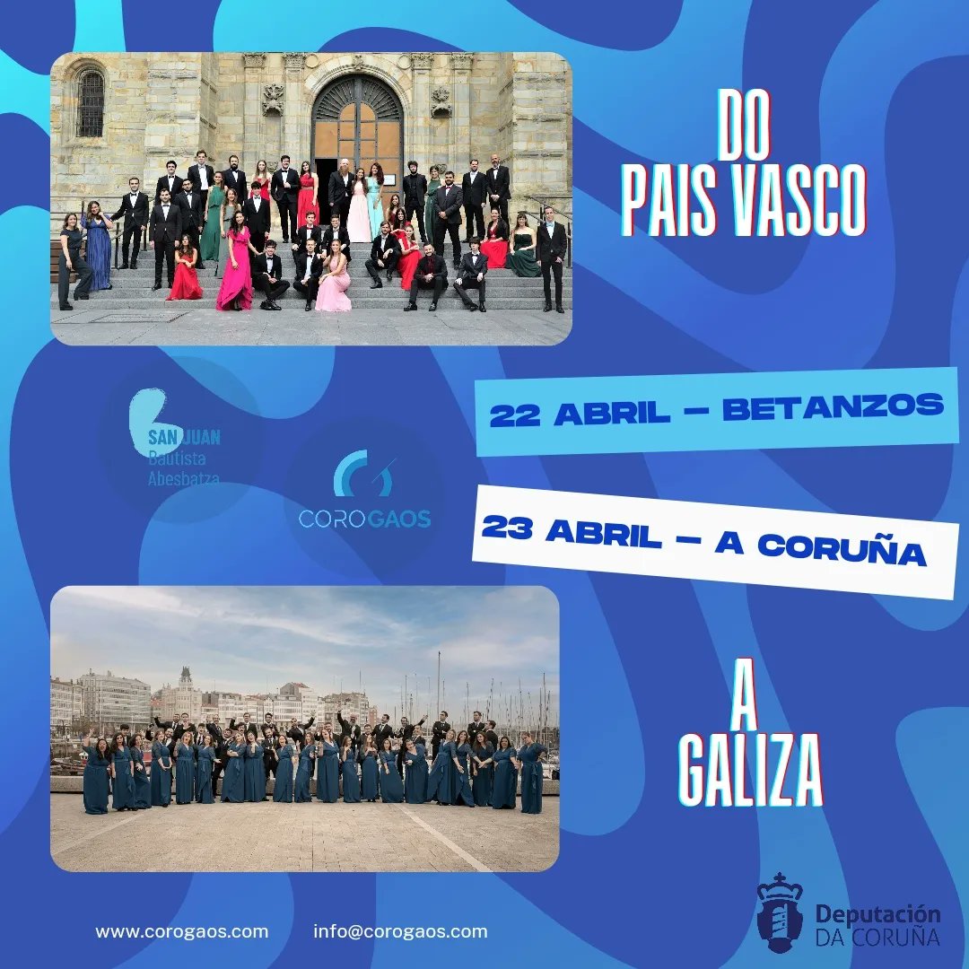 corogaos's tweet photo. Estes son uns concertos moi especiais xa que temos como convidados á Kantika Korala &amp; SJB de Leioa, dirixida por Basilio Astulez Duque 
‼️Esperámosvos o venres 22 en Betanzos e o sábado 23 na Coruña‼️
Actividade subvencionada por @DACCultura

#corogaos https://t.co/zGmeA48oV8