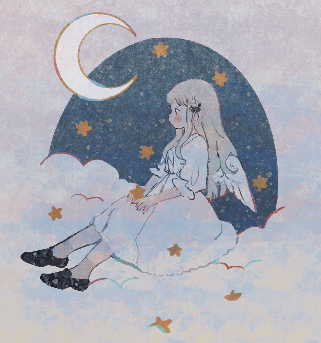 1girl solo dress long hair white dress wings crescent moon  illustration images