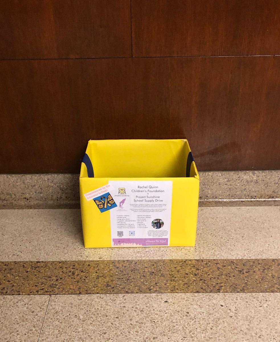 sjli_ps's tweet photo. Project Sunshine and the Educator’s Club are holding a school supply drive for the Rachel Quinn Children’s Foundation, in honor of a former SJC student and Project Sunshine President. All donations can be dropped off in one of the three boxes around campus! Thank you for helping! https://t.co/S1ITmokFwB