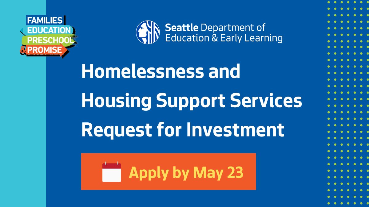 SeattleDEEL's tweet photo. DEEL is currently accepting applications for the #FEPPlevy-funded Homelessness and Housing Support Services RFI! Organizations providing housing support services to Seattle families with school-age children are invited to apply by May 23 at https://t.co/oH0fRP4OPT https://t.co/6q1qcohO8p