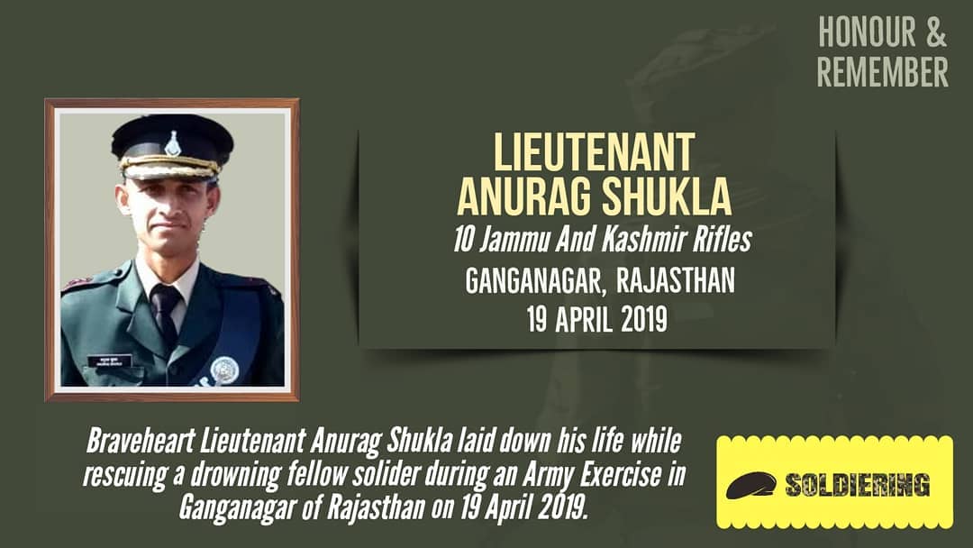 Today, we honour and remember #Braveheart Lt Anurag Shukla of 10 #JammuAndKashmir Rifles who laid down his life while rescuing a drowning fellow soldier during an exercise in #Rajasthan on 19 April 2019. The nation will never forget his bravery and sacrifice.