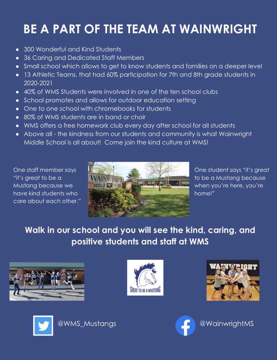 Wainwright is looking for an outstanding English teacher for the 2022-2023 school year.A great opportunity for an English educator to be in a great atmosphere with great a staff and amazing students!If interested see info below and apply using the link below.Please share posting.