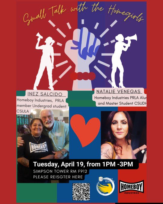 Hey Hey Hey Project Rebound Family, please join us tomorrow for ‘Small Talk with the Homegirls’.
Tuesday, April 19, from 1 pm - 3 pm at PR classroom Simpson Tower F912 and Zoom!
 
 Make sure to….
Register here:
 
calstatela.zoom.us/meeting/regist…
 
See you there!