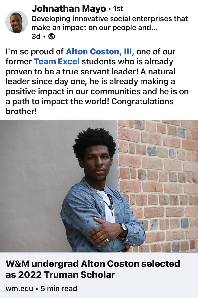 Former Equity Ambassador from <a href="/VHS_BlueDevils/">Varina High School</a> and my husbands mentee. Alton is doing big things and making <a href="/HenricoSchools/">Henrico Schools</a> and his loving family proud. We have so many amazing students and alumni but this one hits close to home for so many reasons.