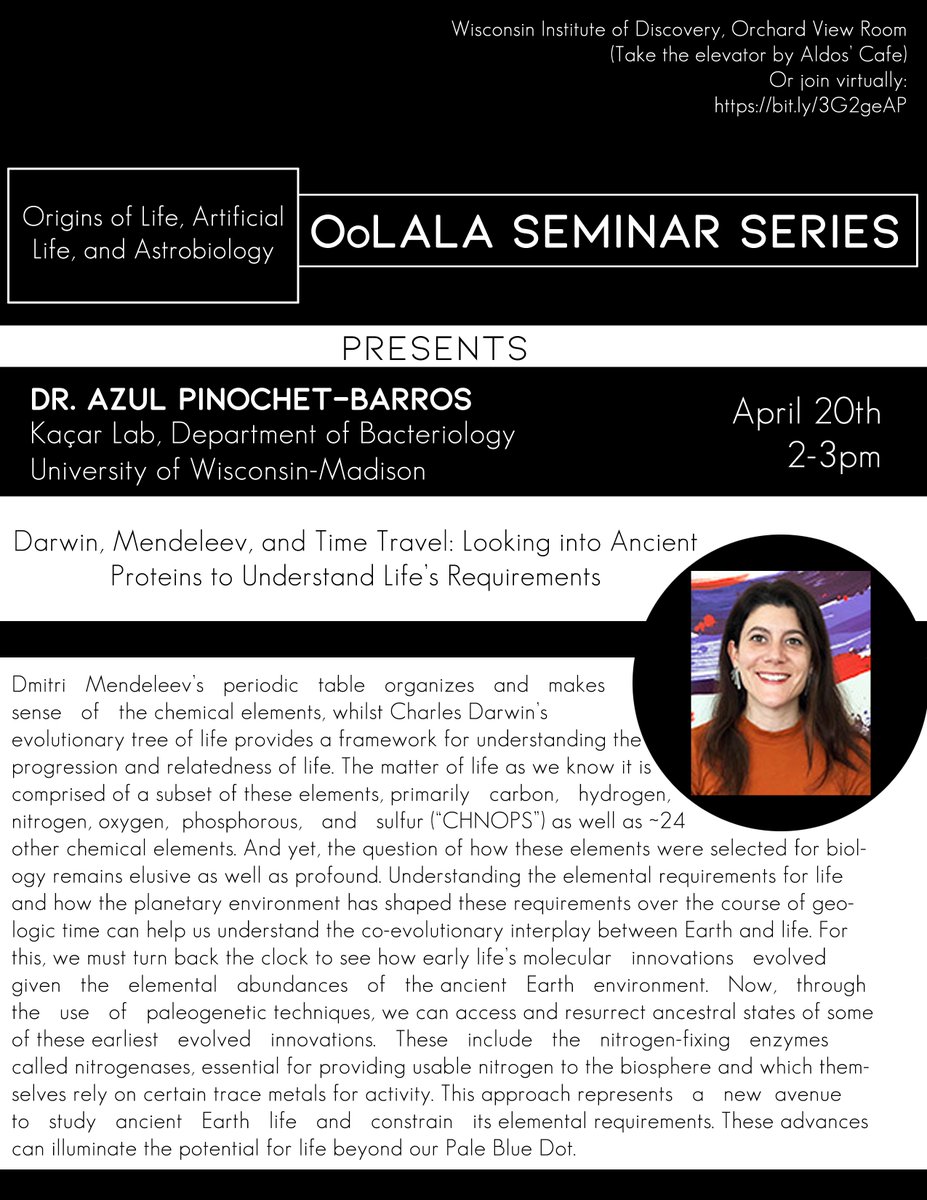 OoLALA at UW-Madison (@uw_oolala) on Twitter photo Join us this Wednesday 4/20/22 at 2pm CT for the final OoLALA seminar! This week, Dr. Azul Pinochet-Barros (<a href="/AzulPinoba/">Azul PinoBa</a>) from <a href="/KacarLab/">Ancient Biology</a> will discuss her work on "Darwin, Mendeleev, and Time Travel: Looking into Ancient Proteins to Understand Life’s Requirements" (1/2) Join us this Wednesday 4/20/22 at 2pm CT for the final OoLALA seminar! This week, Dr. Azul Pinochet-Barros (<a href="/AzulPinoba/">Azul PinoBa</a>) from <a href="/KacarLab/">Ancient Biology</a> will discuss her work on "Darwin, Mendeleev, and Time Travel: Looking into Ancient Proteins to Understand Life’s Requirements" (1/2)