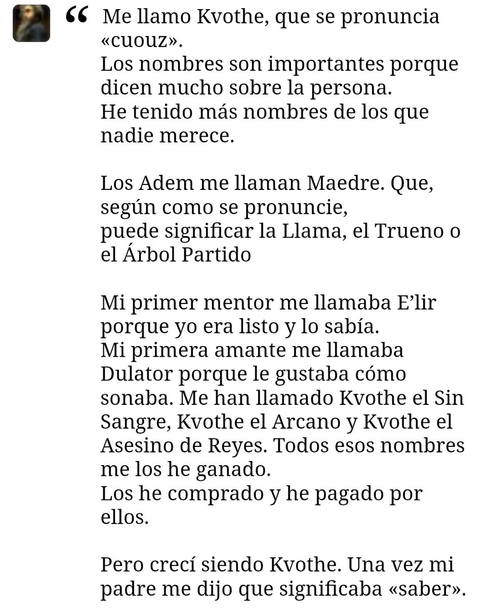 RMaeseJimmy's tweet photo. Y si Kvothe esta contando su historia para recordar su *nombre*? Por eso ahora es Kote. Porque ha olvidado su nombre.
Me llamó Kvothe, quizá hayas oído hablar de mi.
#yoahilodejocaer #endv https://t.co/ordajWnKOY