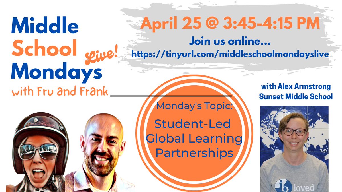 MidSchool Mondays (@camlemsmondays) on Twitter photo Mark your calendar #MiddleSchoolMondays is back, April 25 @ 3:45 PM Zoom In tinyurl.com/MiddleSchoolMo… with Special Guest Alex Armstrong, IB Coord from Sunset Middle School-- Topic: Facilitating Student-Led Global Service Partnerships <a href="/ChrisMFrank/">Chris Frank</a> <a href="/MsFruvellhoff/">Megan Fruvellhoff</a> <a href="/SunsetMiddle/">Sunset Middle School</a> Mark your calendar #MiddleSchoolMondays is back, April 25 @ 3:45 PM Zoom In tinyurl.com/MiddleSchoolMo… with Special Guest Alex Armstrong, IB Coord from Sunset Middle School-- Topic: Facilitating Student-Led Global Service Partnerships <a href="/ChrisMFrank/">Chris Frank</a> <a href="/MsFruvellhoff/">Megan Fruvellhoff</a> <a href="/SunsetMiddle/">Sunset Middle School</a>