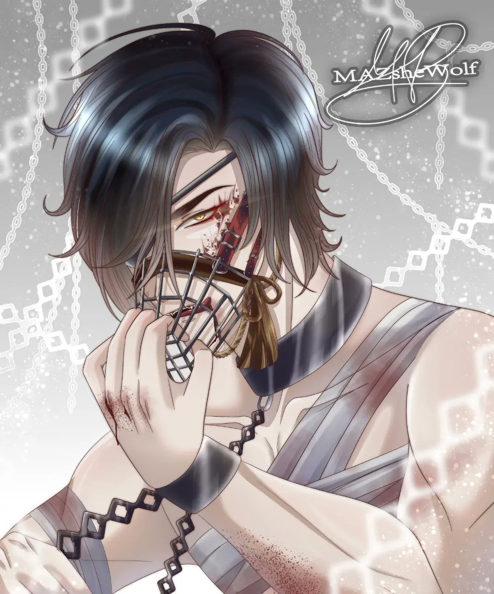 MAZsheWolf's tweet photo. #Mitsutada in #chains and #muzzle  is my most newly acquired kink 

#MitsutadaShokudaikiri #toukenranbu #Swordboy #Bondage https://t.co/W8ou8xSyop