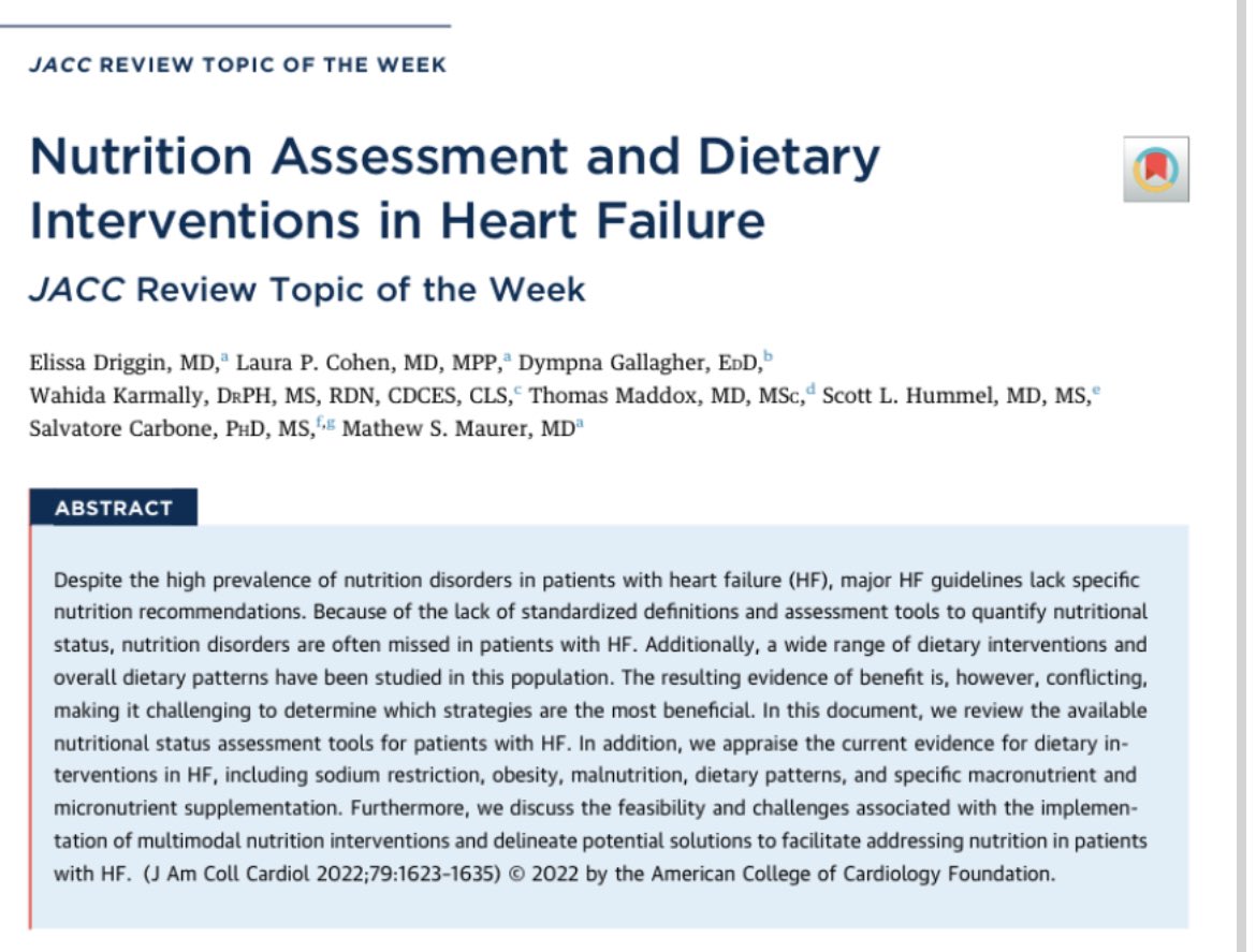 Check out our review on nutrition assessment and dietary interventions in heart failure this week in @JACCJournals 🍏🧂❤️@MathewMaurer @totocarbone @SHummelMD @laurapco @medtmaddox jacc.org/doi/full/10.10…