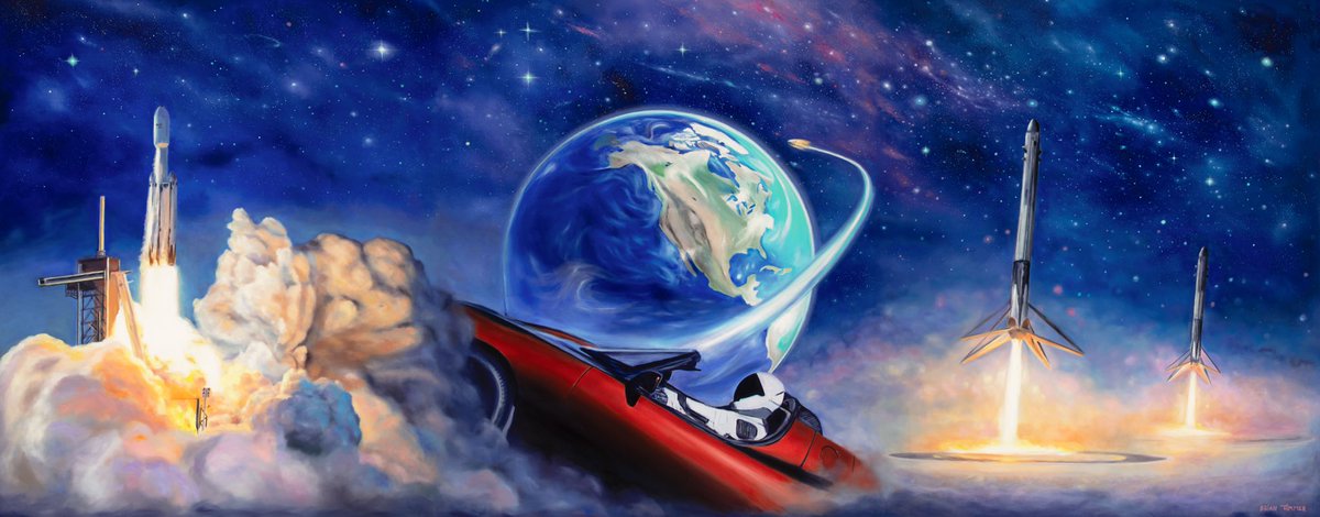 Just finished the new <a href="/SpaceX/">SpaceX</a> tribute commission! 

“Don’t Panic” 15x6 ft - Oil on Canvas 🚀 

<a href="/elonmusk/">Elon Musk</a> <a href="/Tesla/">Tesla</a> <a href="/IntrepidControl/">Intrepid Control Systems</a> #space #spaceman #art #oilpainting #spaceart #painting #fineart #dontpanic