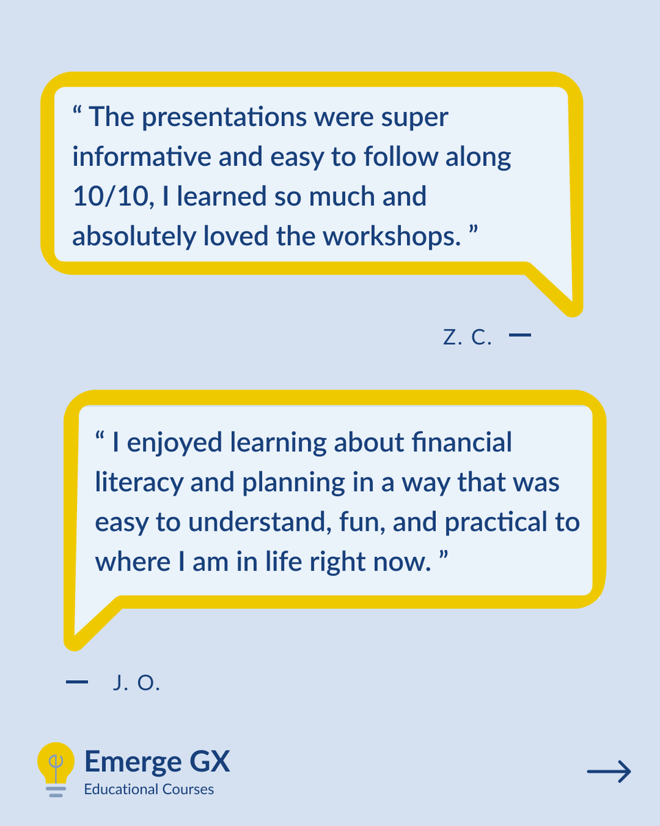 EmergeGx's tweet photo. Still haven’t signed up for our free Financial Literacy course🤔? Here’s what others had to say!
📢Don’t forget to register for our FREE &amp; Online Financial Planning course today! https://t.co/cwFu4YMvla https://t.co/vt302BLcBR