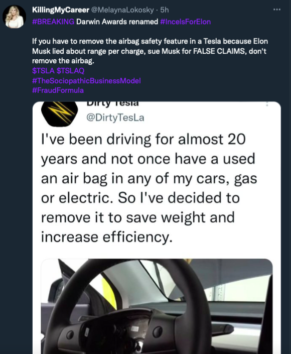 TroutKera's tweet photo. Someone missed the sarcasm in the tweet.🤣 Feeling helpful, so I'll spell it out. They are mocking Elon Musk for claiming no one ever uses the mobile car charger so it will no longer be included. 
Yes, Darwin Award is appropriate but for a different person.
#FishieKisses🐟🐟🐟💋 https://t.co/vNDfv655Oq