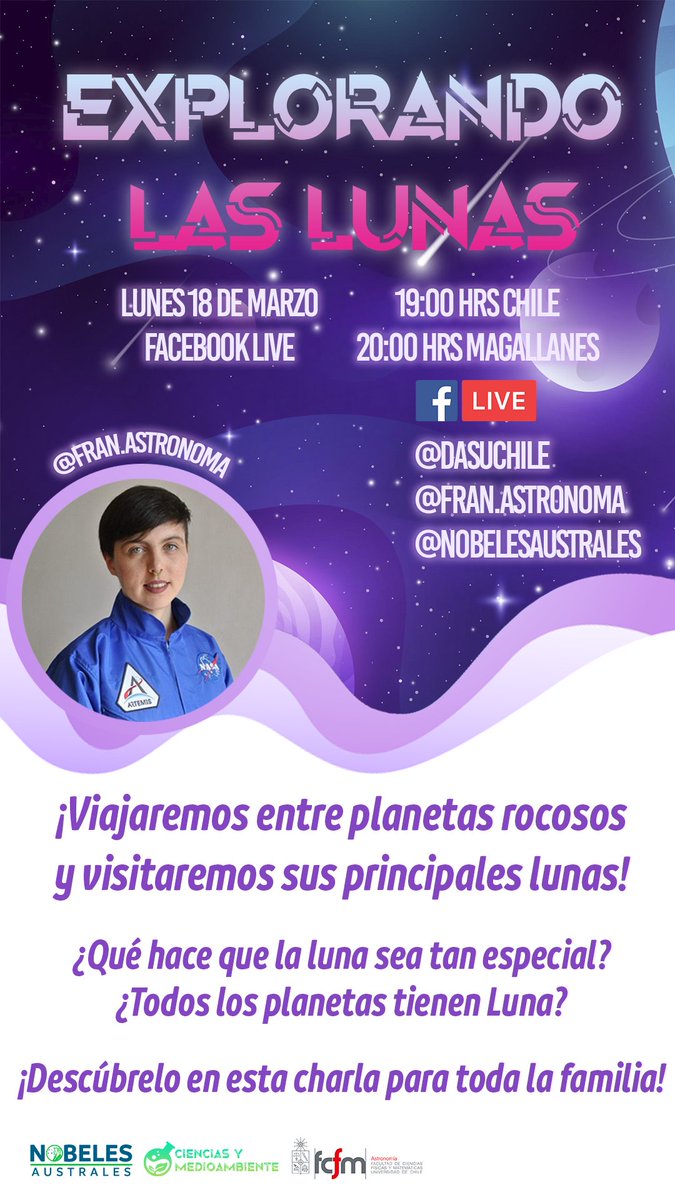 ongnobelesaust1's tweet photo. "Explorando Las Lunas" charla de Francisca Contreras
Viajaremos entre planetas rocosos visitando sus principales lunas y sus curiosidades. ¿Qué hace que la Luna sea tan especial? y ¿Todos los planetas tienen luna? Descúbrelo en esta charla para toda la familia ¡Te esperamos! https://t.co/Ri6IPzDXgW