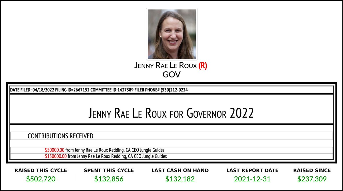 NEW F497
Jenny Rae Le Roux for Governor 2022
$200,000 From 2 Transactions
https://t.co/XdqetnHTHq https://t.co/tUoVKxwBdU
