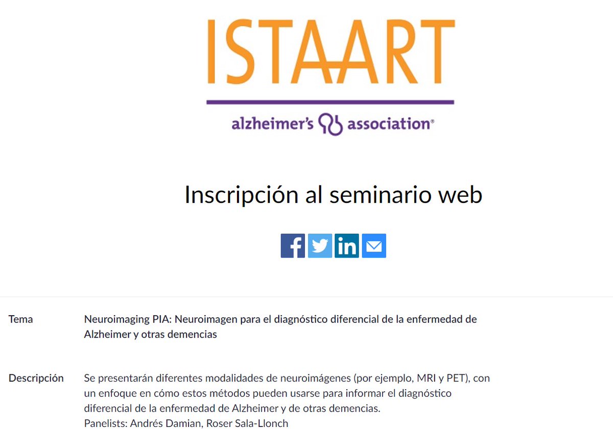 <a href="/ISTAART/">ISTAART</a> Neuroimaging PIA will be hosting a webinar in Spanish on Thursday, June 16 - 10:30  am  ET.
Title: Neuroimaging for differential diagnosis of Alzheimer’s disease and related dementias.
Panelists: Andrés Damian, Roser Sala-Llonch.
Register 👉 bit.ly/3v0VqYh